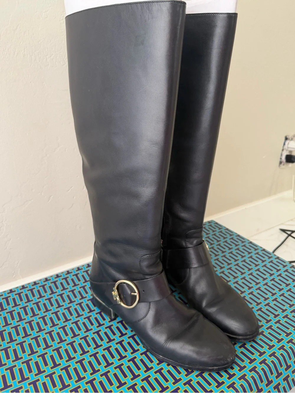 Tory Burch Black Leather Over-the-Knee Boots with Gold Buckle